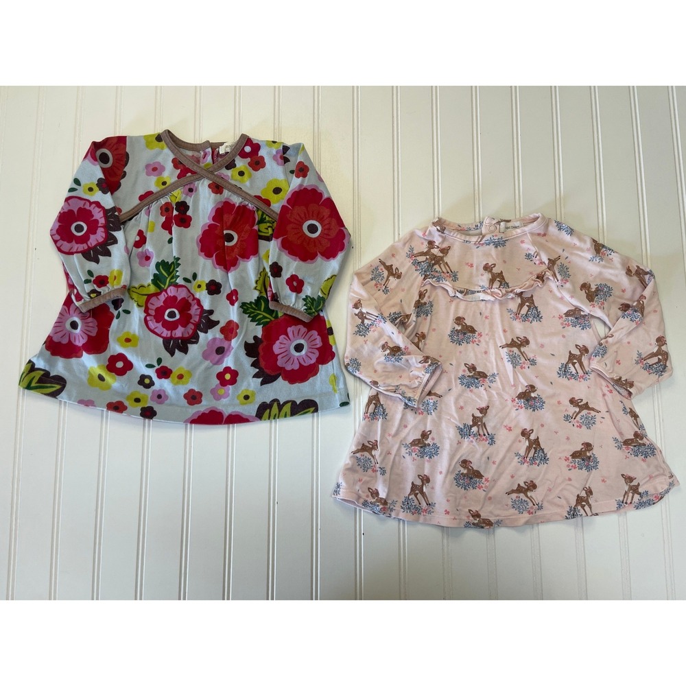 Angel Dear Baby Girls Dress Lot 12M Floral Cotton & Pink Bamboo Deer Print 2pc